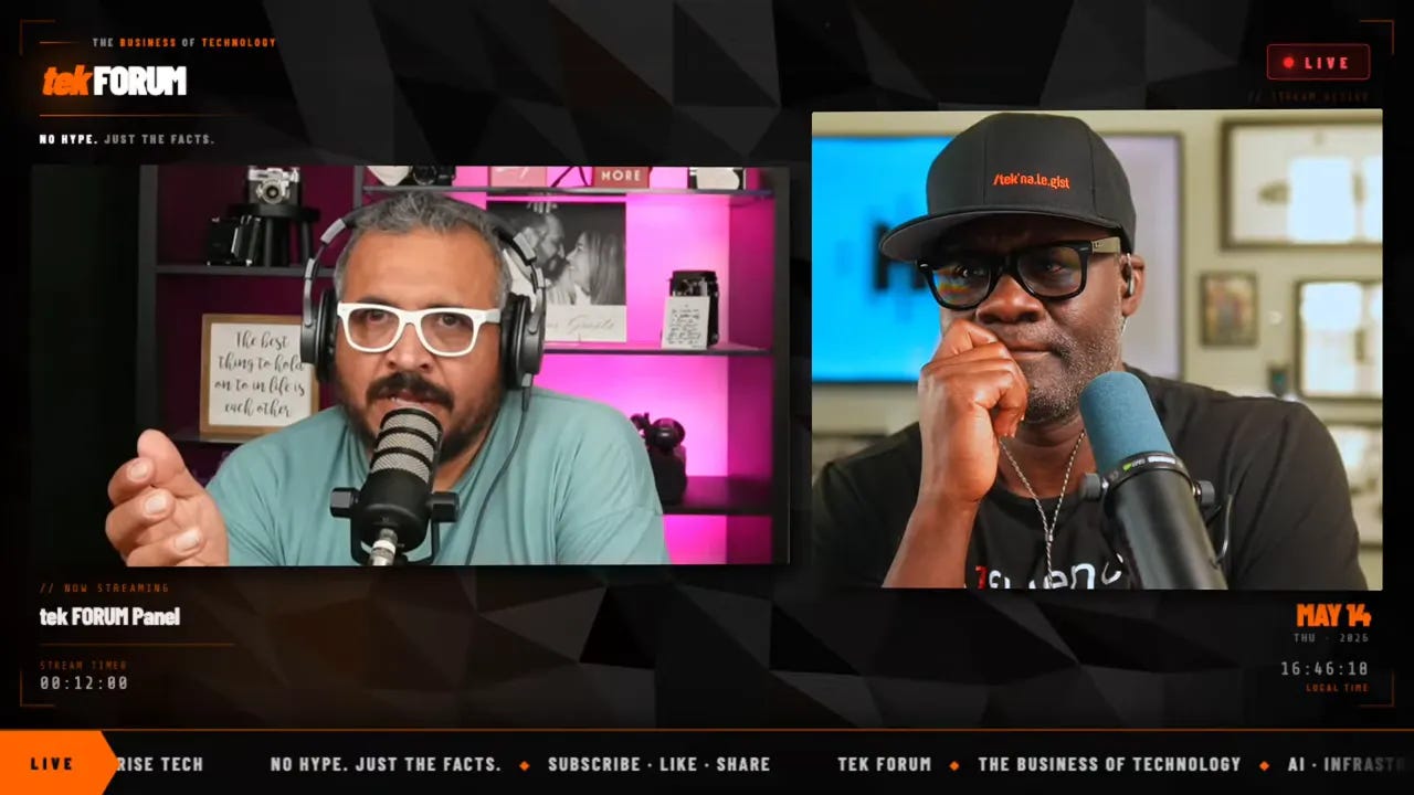 Two podcast hosts wearing microphones and discussing AI and creator identity on Tek Forum
