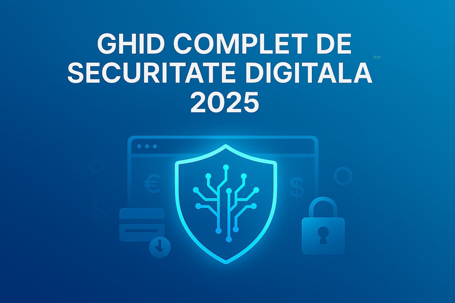 Copertă vectorială 16 : 9, gradient albastru Omul Digital; titlu alb «GHID COMPLET DE SECURITATE DIGITALA 2025». În centru, un scut format din circuite luminoase albastre, cu efect de glow subtil; în fundal transparențe minimale (browser, card, lacăt) – look modern, curat, generic fallback. Copertă vectorială 16 : 9, gradient albastru Omul Digital; titlu alb «GHID COMPLET DE SECURITATE DIGITALA 2025». În centru, un scut format din circuite luminoase albastre, cu efect de glow subtil; în fundal transparențe minimale (browser, card, lacăt) – look modern, curat, generic fallback.