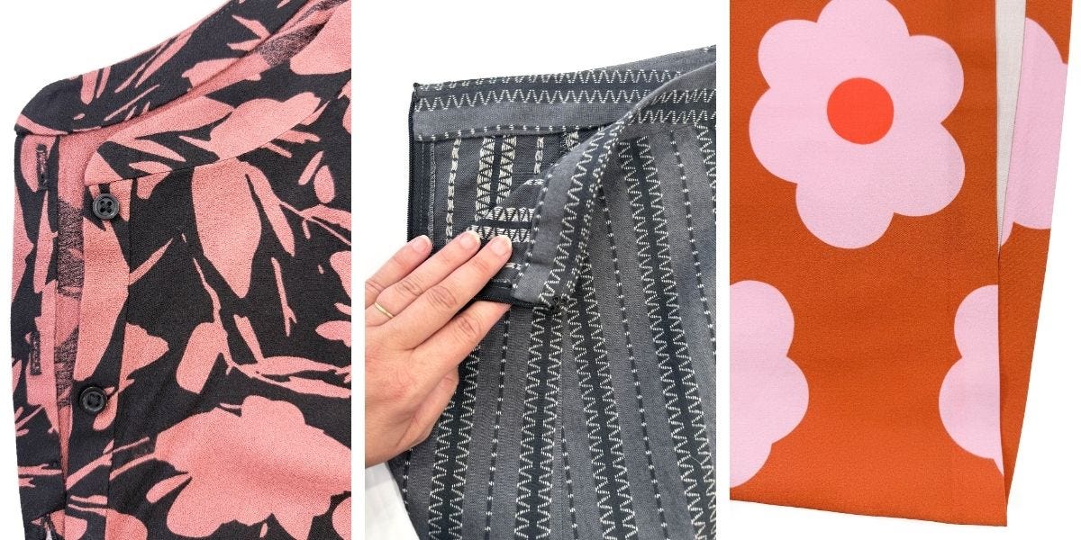 Close-ups of shirt placket, zipper tab construction, and floral fabric hem detail for a slip stitch tutorial.