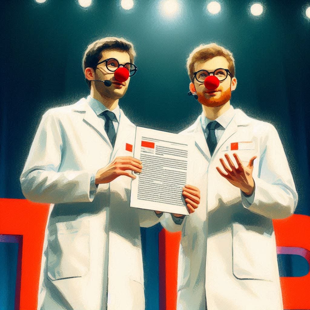 A pair of scientists wearing white lab coats present a new paper they've published on stage at a TED TALK conference. Both scientists are wearing red clown noses. Slight impressionist style.