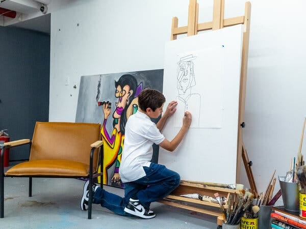 Andres sketched a piece in a basement studio of the Chase gallery.