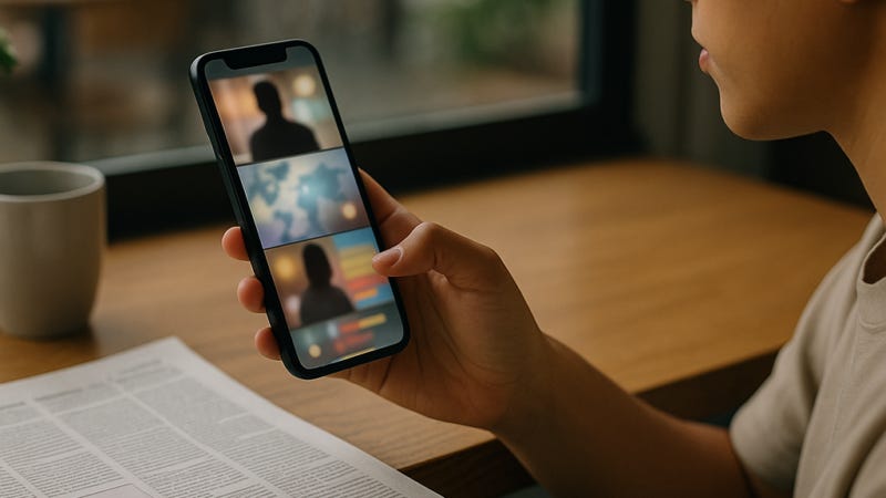 Young adult scrolling a vertical video news feed on a smartphone in natural daylight, with a folded traditional newspaper untouched on the table beside them Young adult scrolling a vertical video news feed on a smartphone in natural daylight, with a folded traditional newspaper untouched on the table beside them