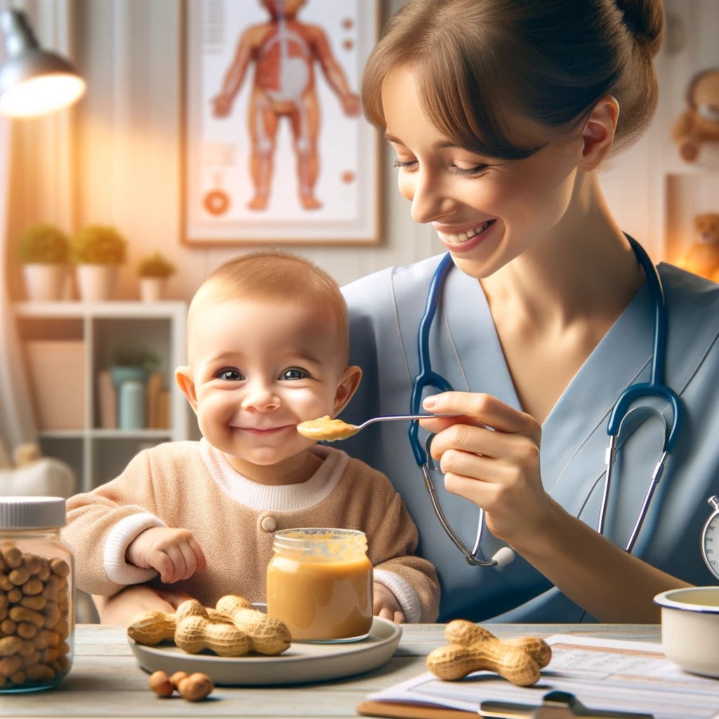 A serene and welcoming scene of a mother feeding her infant peanuts in a cozy kitchen. The baby is smiling, with a soft pureed peanut paste on a small spoon, symbolizing the introduction of peanuts to prevent allergies. In the background, there are subtle visuals of medical charts and a stethoscope, indicating the scientific study and medical context. The overall atmosphere is warm, reassuring, and informative.