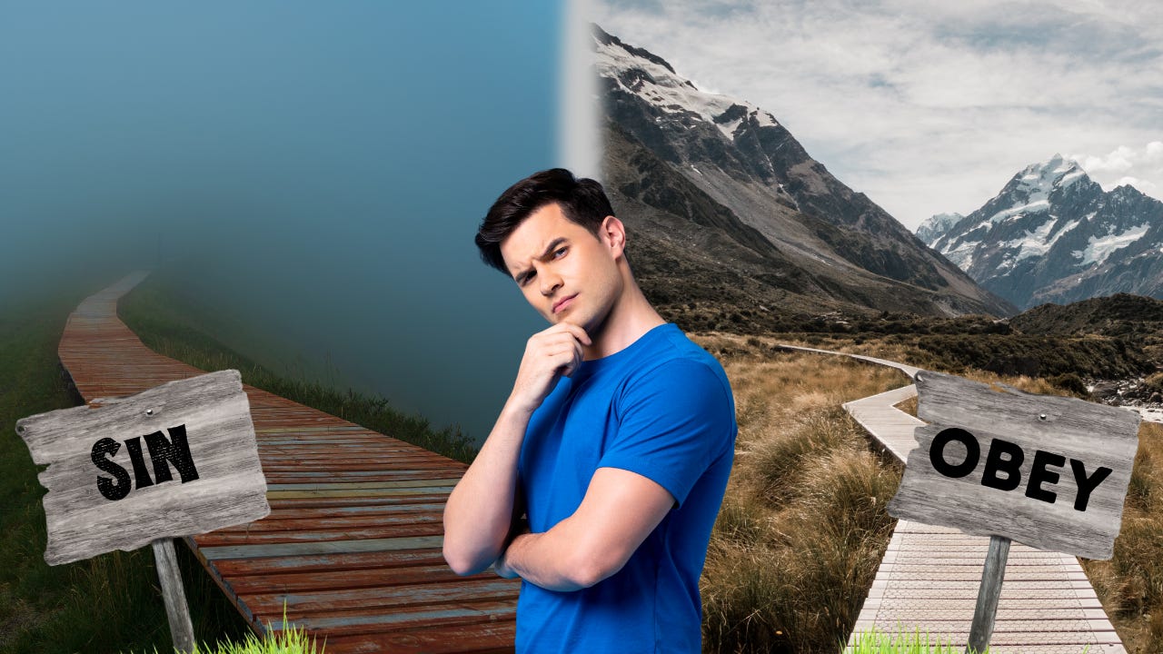 A man stands between two sign posts that say "Sin" and "Obey."