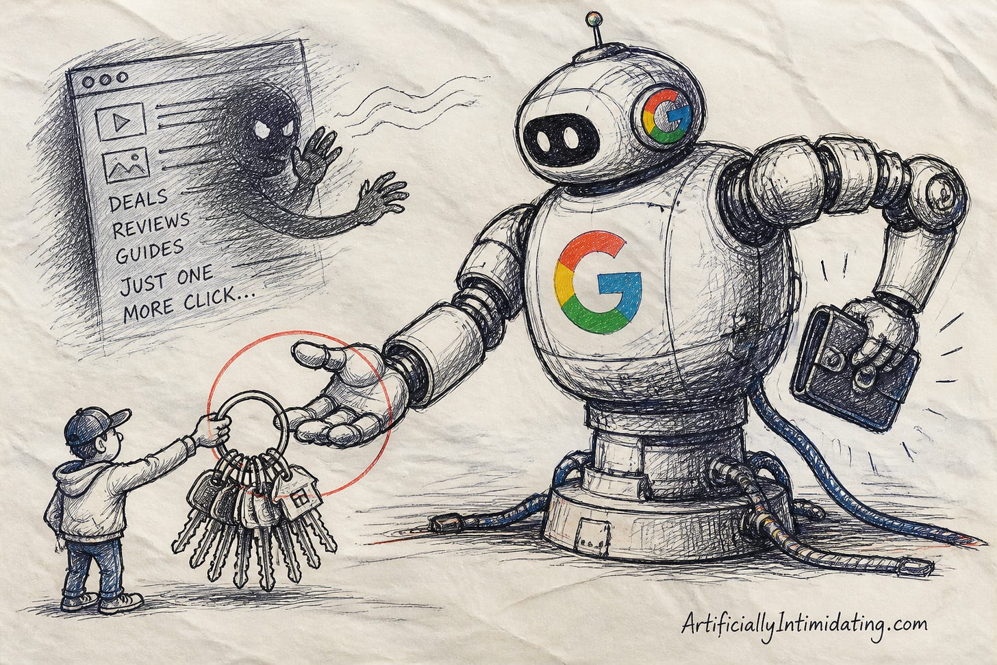 Editorial cartoon: a small person hands an enormous ring of keys to a Google-branded robot that holds its wallet back out of reach, while a shadowy webpage whispers just one more click
