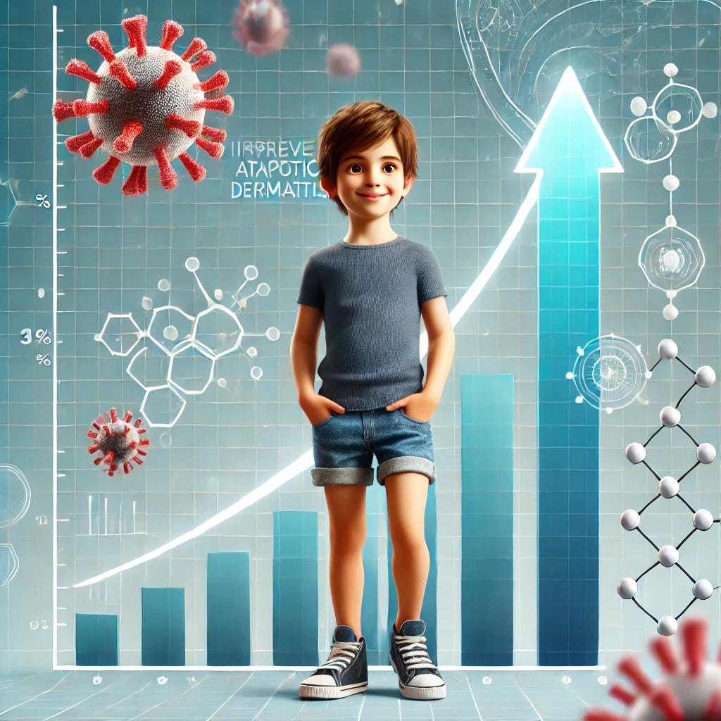 An illustration showing a pediatric growth chart with an upward trajectory, symbolizing improved growth in children. The image features a child standing confidently beside the chart, with clear skin and a happy demeanor, representing recovery from severe atopic dermatitis. The background includes subtle medical symbols like a stethoscope and molecular structures, emphasizing the scientific context of the treatment. The design is modern, clean, and optimistic.