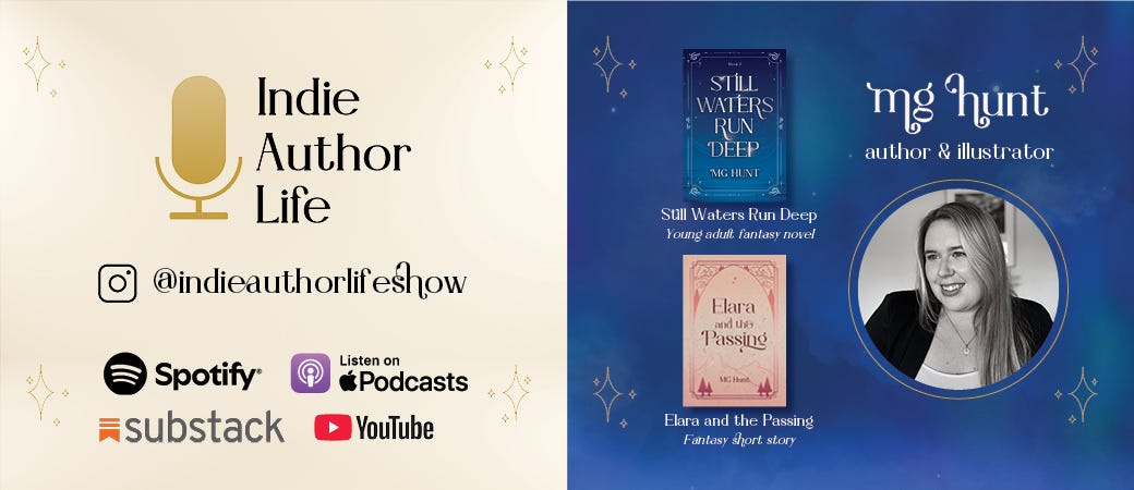Promotional banner for both Indie author life and MG Hunt Author. On the left side is the Indie author life logo and instagram, as well as the logos for spotify, apple podcasts, substack and youtube. On the right side is a profile picture of MG Hunt with her books. Promotional banner for both Indie author life and MG Hunt Author. On the left side is the Indie author life logo and instagram, as well as the logos for spotify, apple podcasts, substack and youtube. On the right side is a profile picture of MG Hunt with her books.