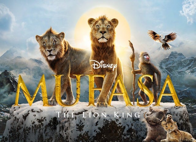 Promotional poster for Disney's 'Mufasa: The Lion King' featuring lions, a bird, and other animals against a mountainous backdrop.