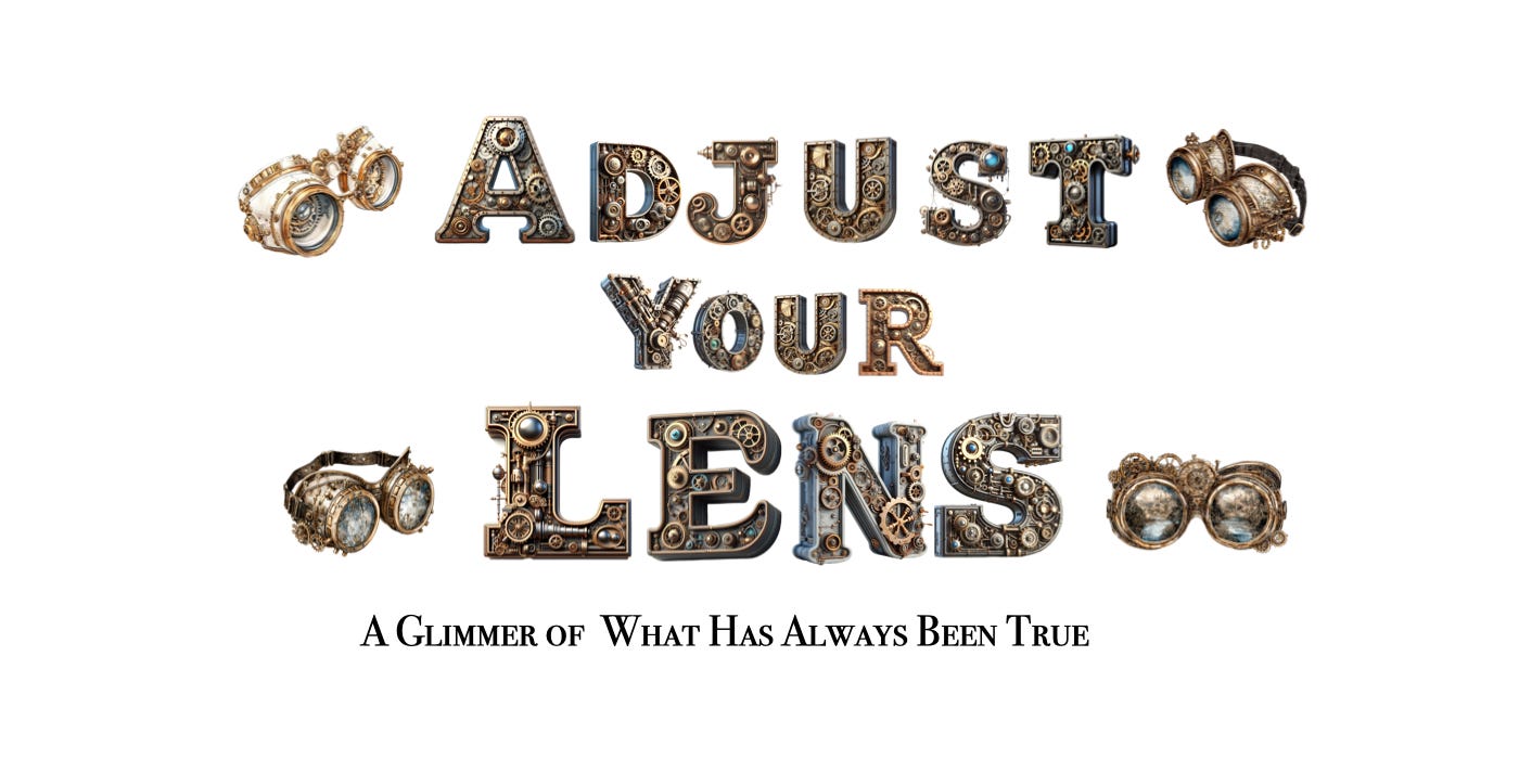 Cover image for the “Adjust Your Lens” series. The title appears in decorative steampunk-style mechanical letters surrounded by four pairs of vintage brass goggles that symbolize different ways of seeing. Beneath the title is the subtitle, “A Glimmer of What Has Always Been True,” on a clean white background.