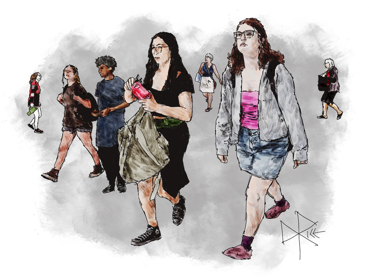 Seven people out walking, each on their own adventure as their lives nearly intersect. Sketch art by Don Rice. Seven people out walking, each on their own adventure as their lives nearly intersect. Sketch art by Don Rice.