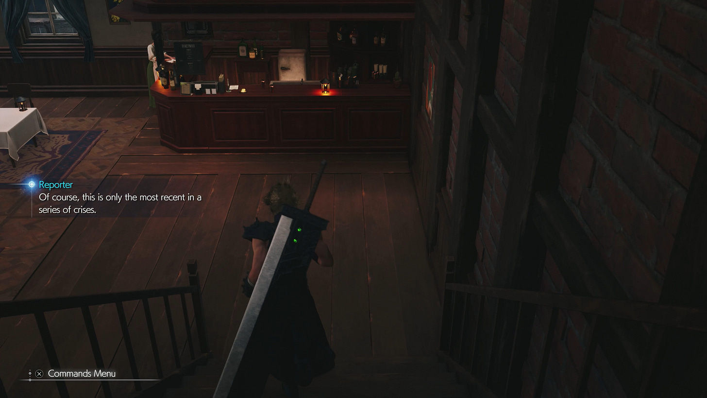 Cloud is going down the stairs to the inn's restaurant area when the radio broadcast about Midgar's tornado begins its transmission.