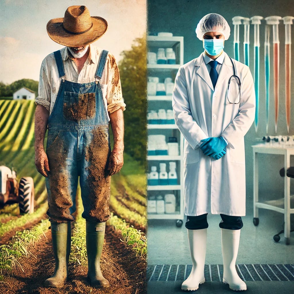 A farmer and a scientist standing side by side. The farmer is wearing muddy farm clothes, including worn-out boots and a straw hat, with dirt on his hands. The scientist is dressed in a pristine white lab coat, wearing gloves, a hairnet, and a face mask. The background suggests a rural farm setting blending into a laboratory environment, symbolizing the contrast between agriculture and scientific research.