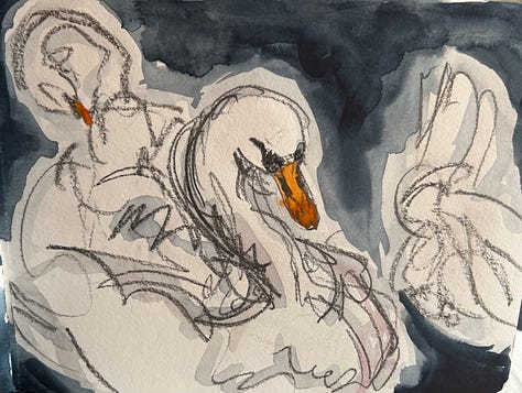 Watercolor sketch of the rue Montorgeuil is Paris, of the Pont Neuf, and four sketches of preening swans.
