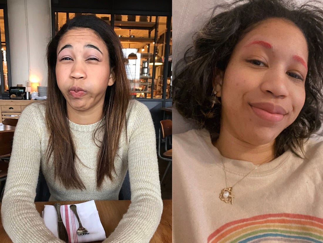 Two pictures of me side by side. Left is 2017, I have long light brown hair and I'm wearing a tan form fitting sweater. On the right I have short dark brown hair, pink eyebrows and an wearing a tan sweatshirt with a rainbow on it
