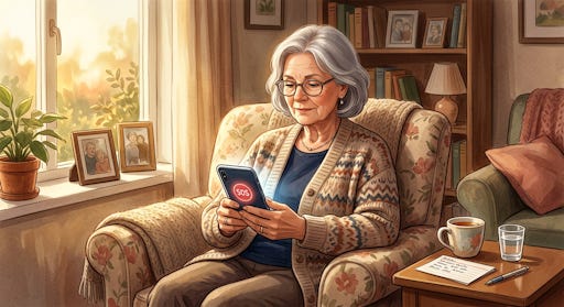 A senior woman on her phone looking at SOS screen