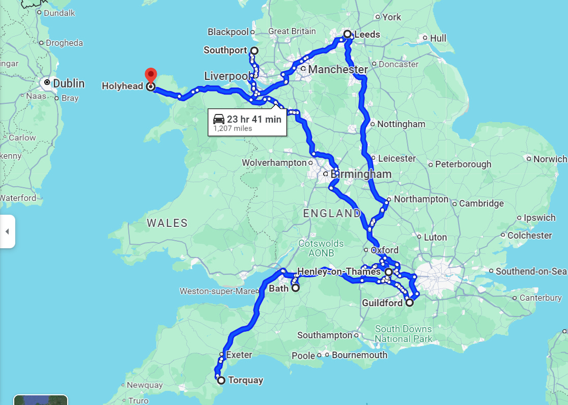 Map of England showing cities visited.
