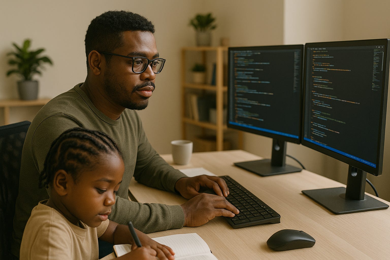Um homem negro digita códigos de programação no computador, enquanto seu filho ao lado escreve algo no papel. Um homem negro digita códigos de programação no computador, enquanto seu filho ao lado escreve algo no papel.