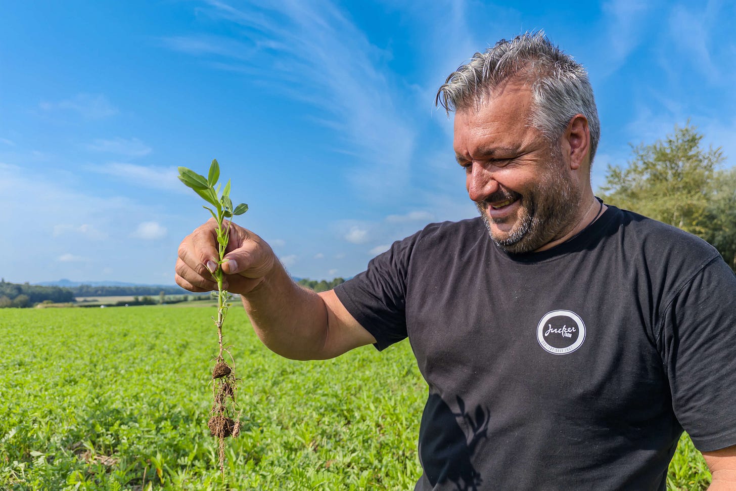 Sven Studer im schwarzen T-Shirt steht lachend auf einem grünen Feld. Er hält eine junge Luzerne in der Hand, an deren tiefreichender Pfahlwurzel Erdkrümel hängen bleiben. Ein Hinweis auf gute Bodenlockerung und Stickstofffixierung. Iim Hintergrund ist die weite Landschaft unter blauem Himmel zu sehen. Sven Studer im schwarzen T-Shirt steht lachend auf einem grünen Feld. Er hält eine junge Luzerne in der Hand, an deren tiefreichender Pfahlwurzel Erdkrümel hängen bleiben. Ein Hinweis auf gute Bodenlockerung und Stickstofffixierung. Iim Hintergrund ist die weite Landschaft unter blauem Himmel zu sehen.