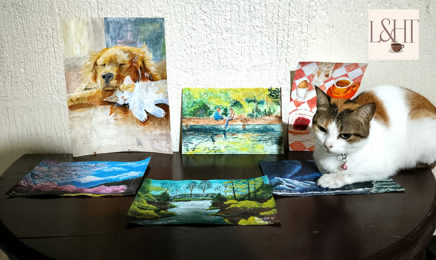 My art for this month of July feat. my biggest fan, my cat.