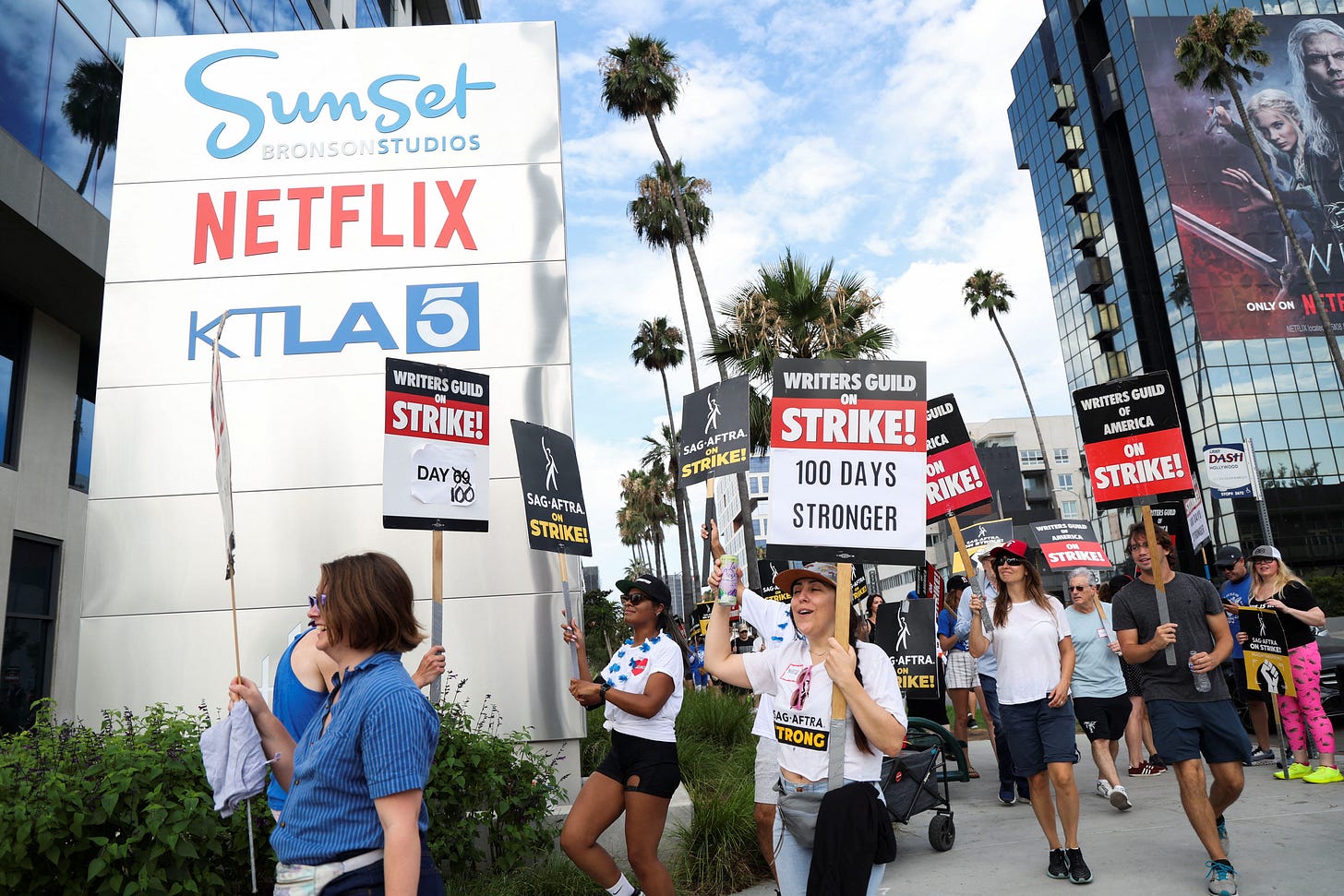SAG-AFTRA actors and WGA writers strike in Burbank