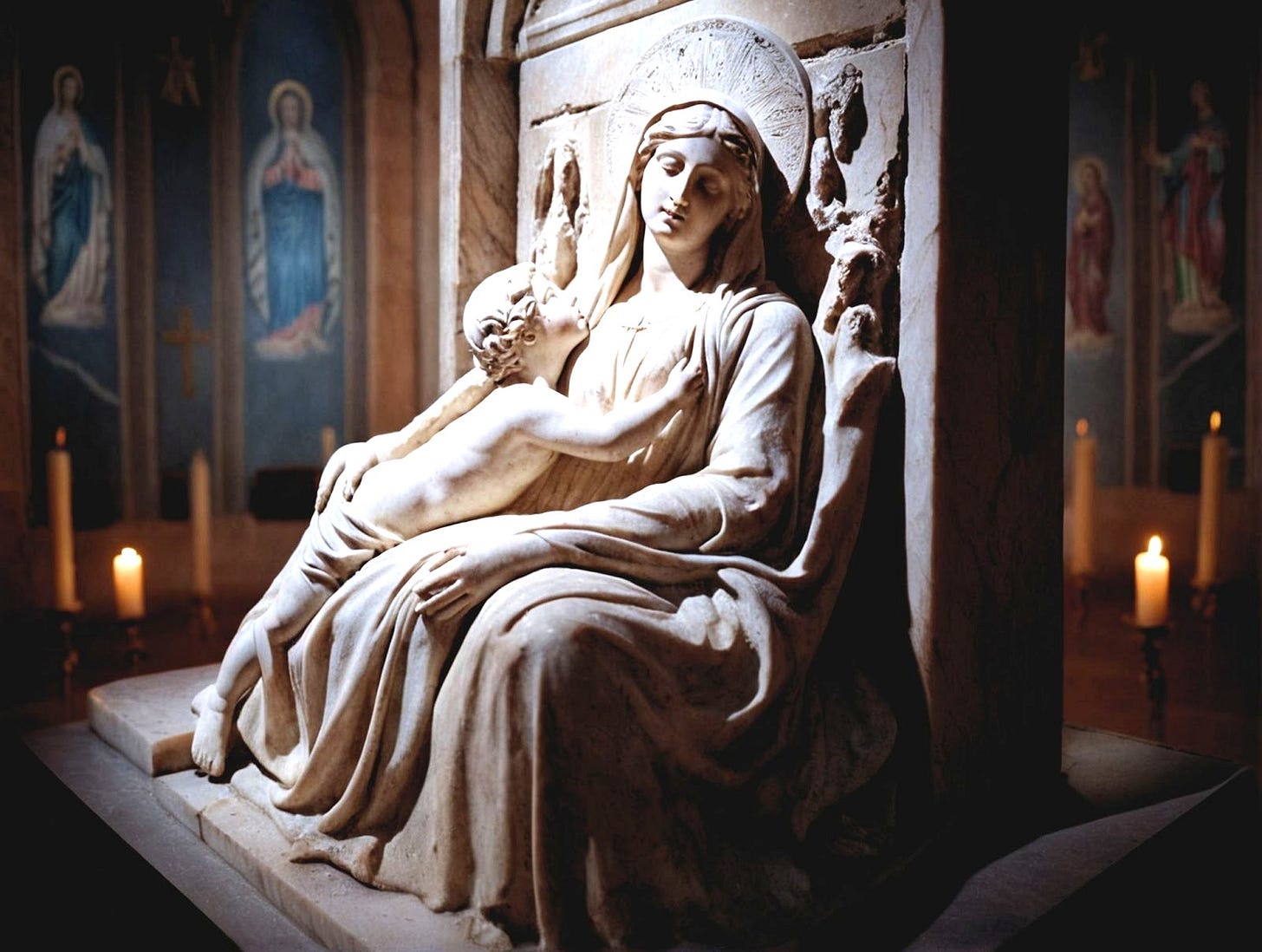 Classical marble sculpture of a woman holding a child, both in flowing robes, seated in candlelit ornate interior. Neoclassical style evokes traditional maternal iconography while the figure's downward gaze and posture suggest ambivalence or burden—reflecting the article's exploration of complex family relationships, unwilling duty, and honest reckoning with inherited faith and expectation. Digital tools included Krita & AI.