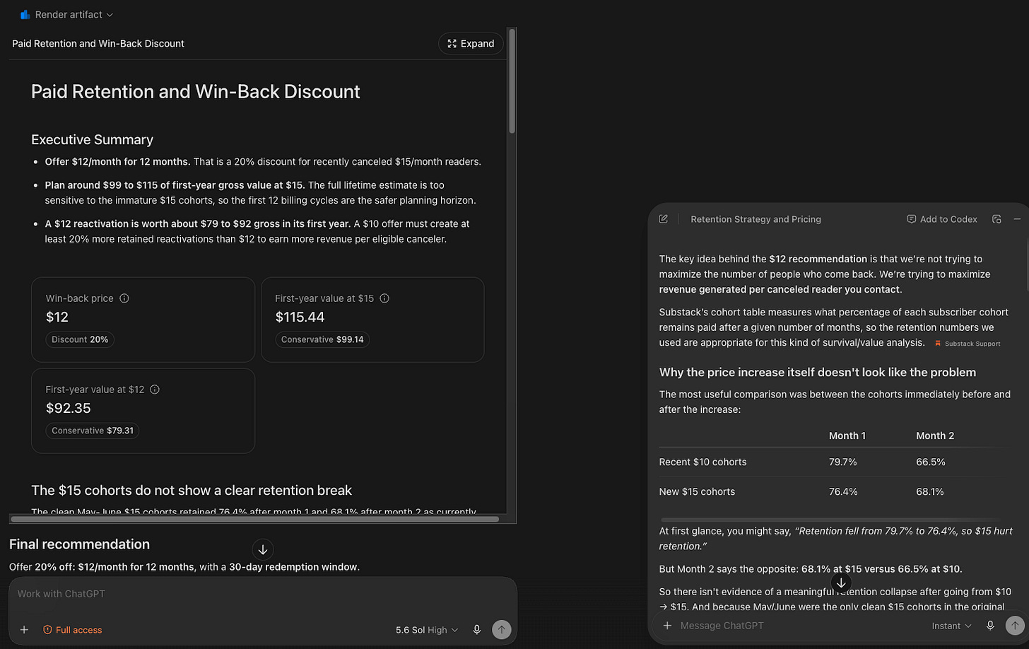 ChatGPT side conversation opened from a highlighted line in a pricing analysis chat.