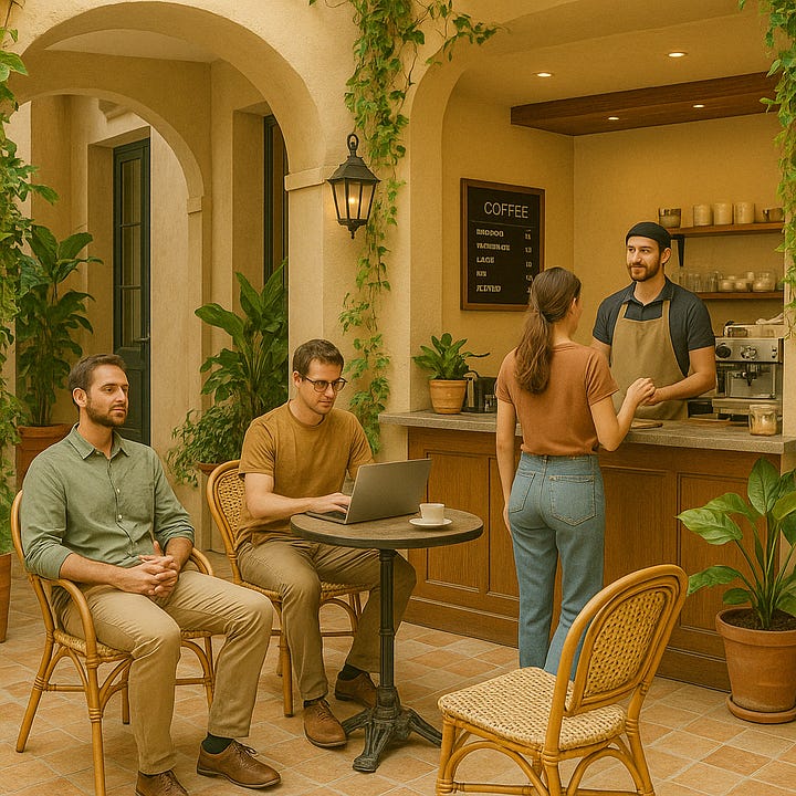 Two scenes from a community-centered retreat: on the left, a casual courtyard café where guests chat and work with laptops; on the right, a local artist leads a creative workshop, presenting a sketch to an engaged group seated around a large table. Both images reflect connection, culture, and collaboration in a warm, inviting space. Images created with DALL·E.