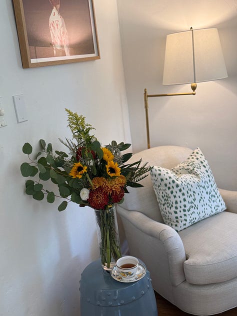 blue and white traditional home with fall accents