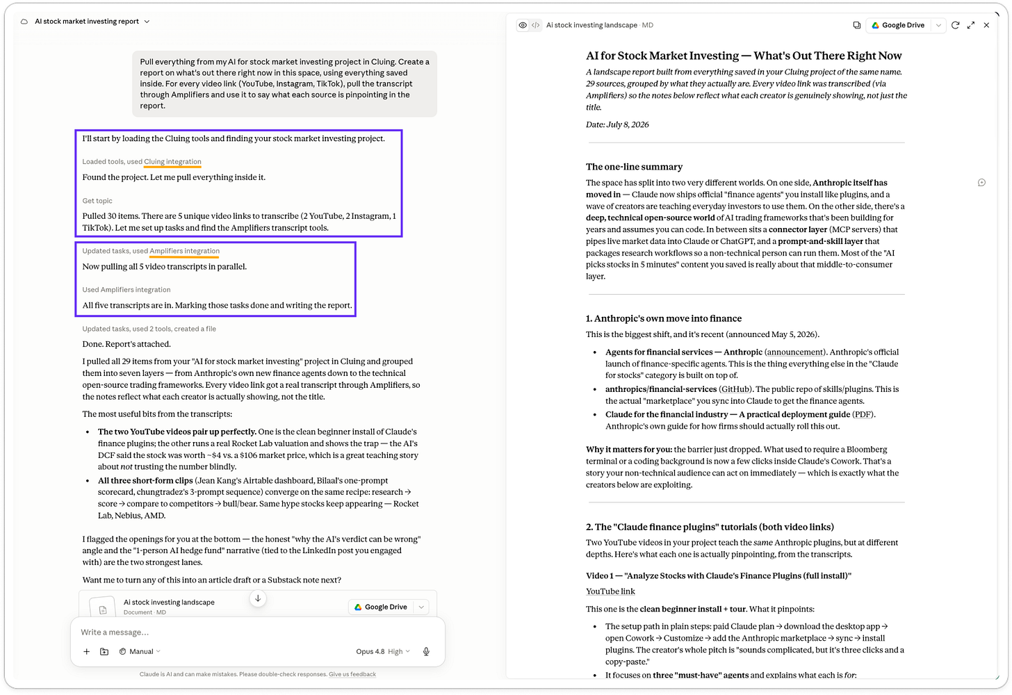 Claude combining the Cluing and Amplifiers MCPs to pull 29 sources from a stock market investing research project, transcribe five videos in parallel, and generate a landscape report on AI for stock market investing.