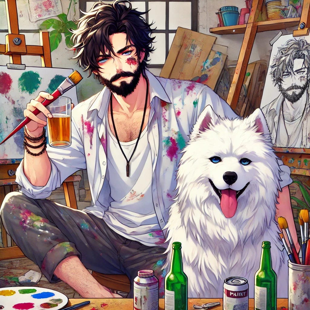 An anime-style image of a man with dark hair and a beard, and a Samoyed dog, both appearing as drunk artists in a messy art studio. The man is wearing casual, paint-splattered clothing, with a paintbrush in one hand and a drink in the other. The dog is sitting next to the man, also with some paint on its fur, and there are empty bottles and paint cans around them. The studio is filled with unfinished paintings, canvases, and artistic clutter, maintaining a vibrant and colorful anime aesthetic.