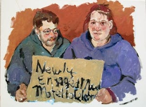 "Newly Engaged, Need Motel to Celebrate" -  Justin and Lauren (The Lovebirds) by Marc Clamage