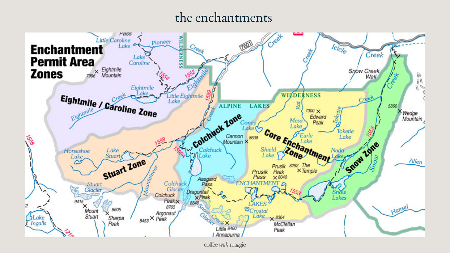 map of the enchantments outlining five zones: from left to right Eightmile/Caroline Zone, Stuart Zone, Colchuck Zone, Core Enchantment Zone, and Snow Zone.