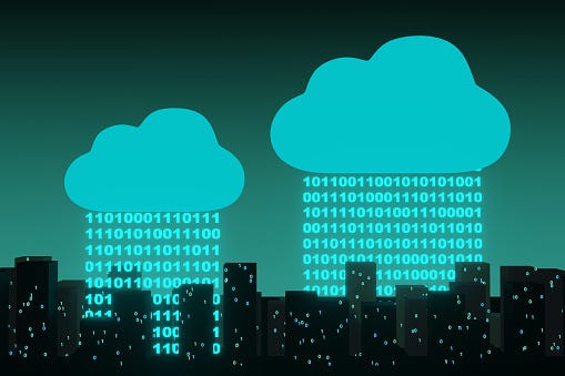 Digital Cloud Pouring Binary Digits As Raindrops Onto Backlit City ...