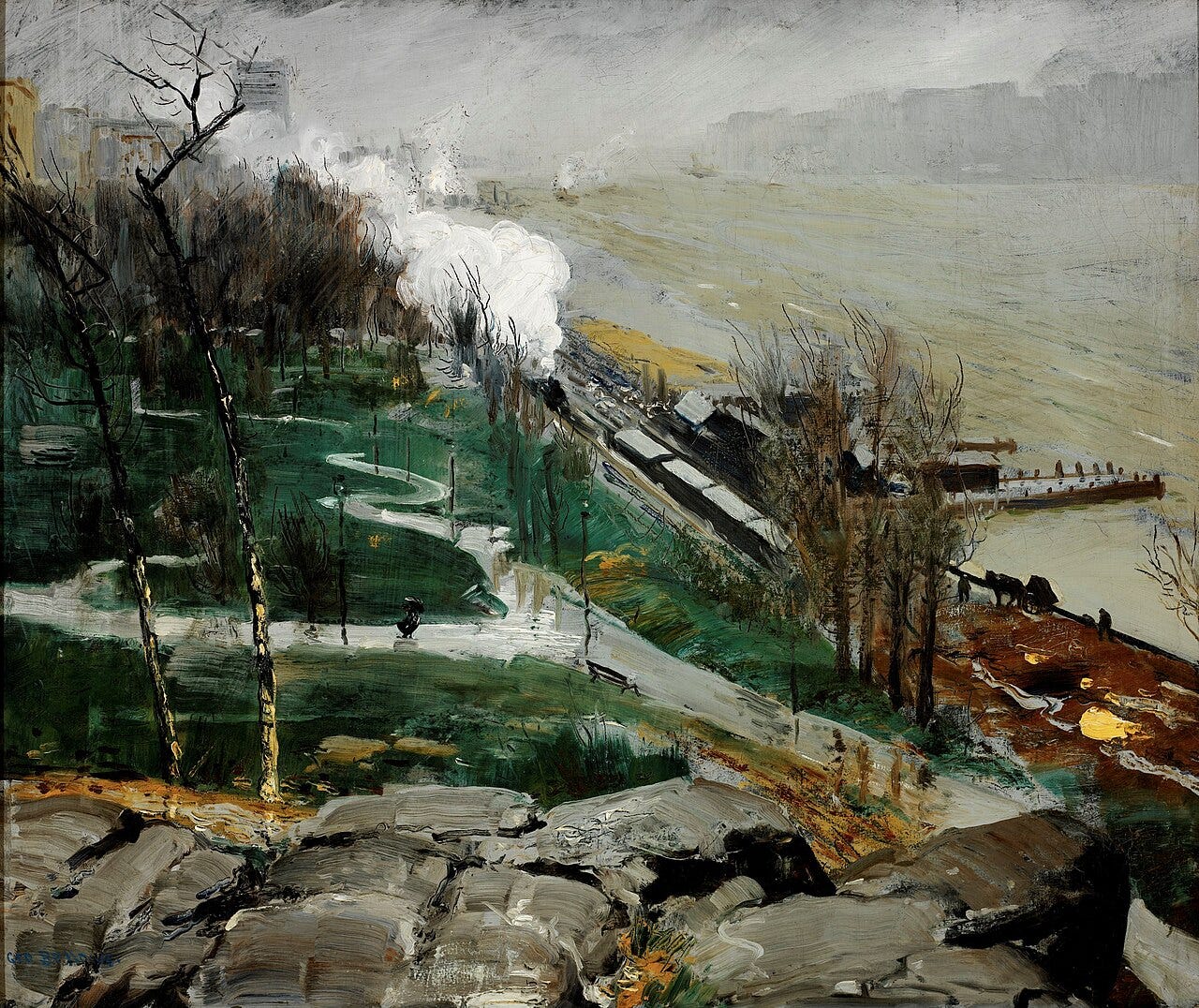 A freight train along the Hudson in wet grey air A freight train along the Hudson in wet grey air