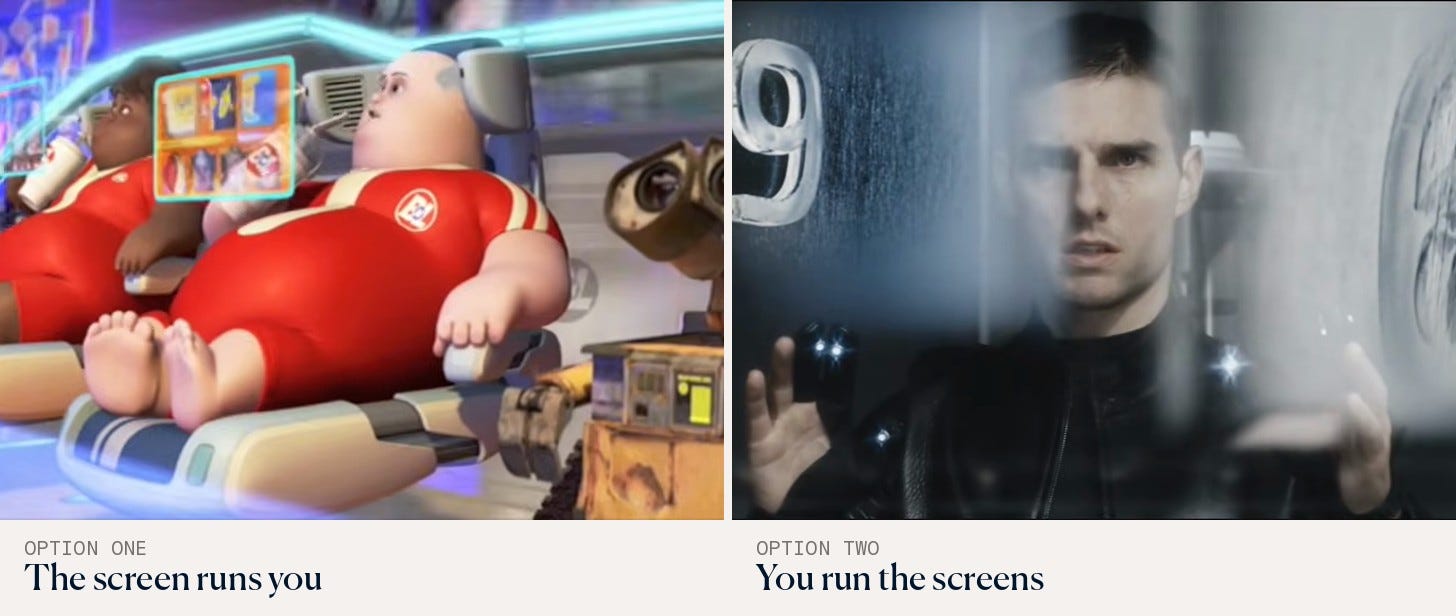 Side by side: WALL-E's passengers slumped in hover chairs staring at screens, and Tom Cruise in Minority Report directing floating screens with his hands Side by side: WALL-E's passengers slumped in hover chairs staring at screens, and Tom Cruise in Minority Report directing floating screens with his hands