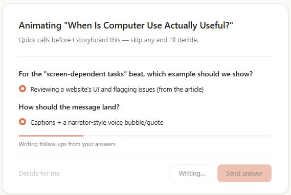 Second Claude Design interview screen asking which example to show and how the computer-use message should be presented.