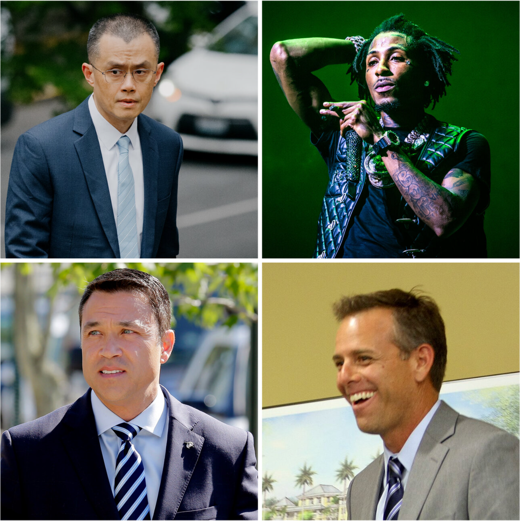 Four photos arranged in a grid. Clockwise from top left are Changpeng Zhao, NBA YoungBoy, Paul Walczak and Michael Grimm.