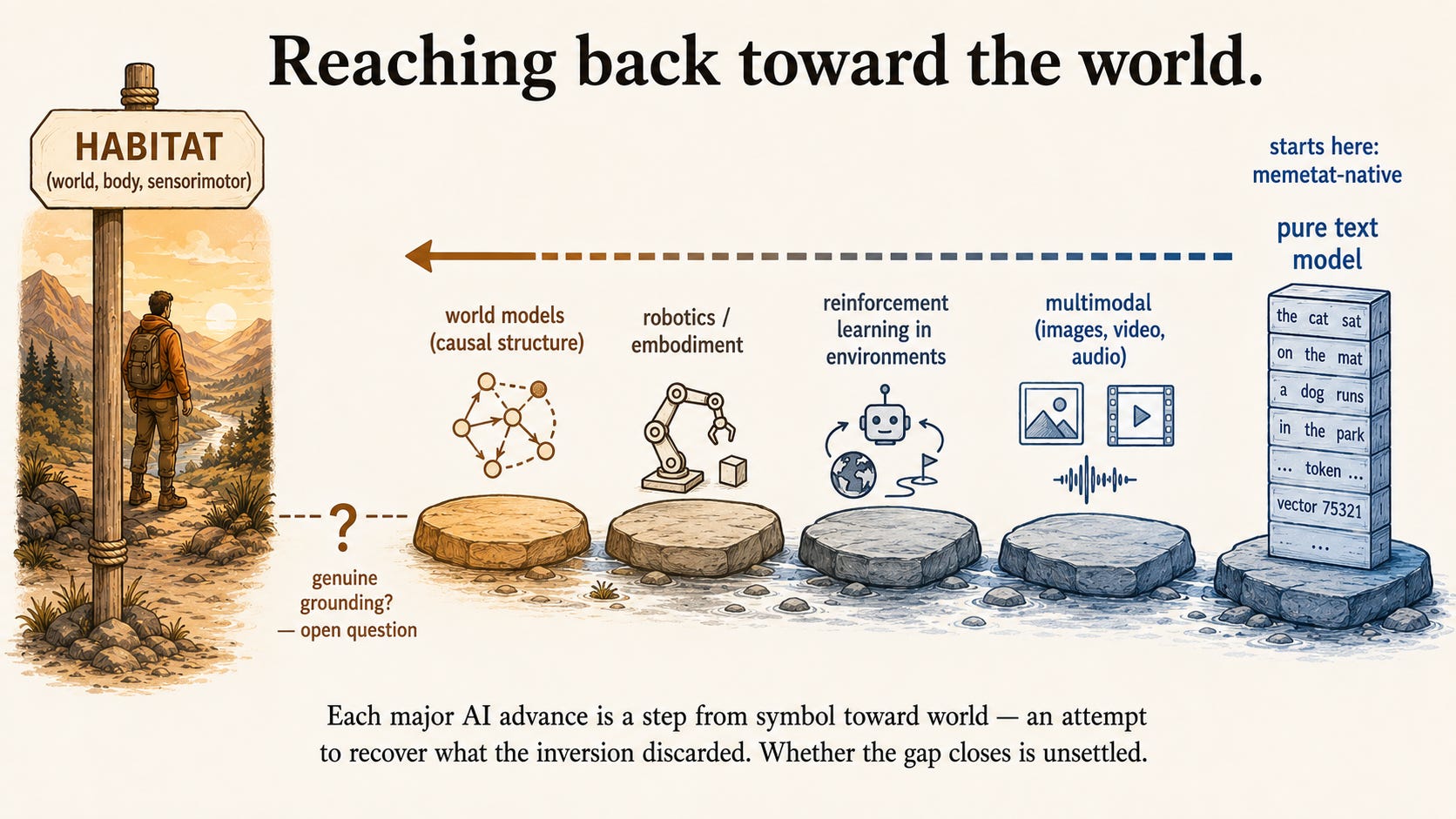 A progression of stepping-stones from a "pure text model" on the far right toward a warm habitat pole (terrain/body) on the far left, reversing the inversion. The stones, warming in tone as they approach: multimodal (images, video, audio); reinforcement learning in environments; robotics/embodiment; world models (causal structure). A visible gap remains between the last stone and the habitat pole, marked with a question mark: "genuine grounding? — open question." A progression of stepping-stones from a "pure text model" on the far right toward a warm habitat pole (terrain/body) on the far left, reversing the inversion. The stones, warming in tone as they approach: multimodal (images, video, audio); reinforcement learning in environments; robotics/embodiment; world models (causal structure). A visible gap remains between the last stone and the habitat pole, marked with a question mark: "genuine grounding? — open question."