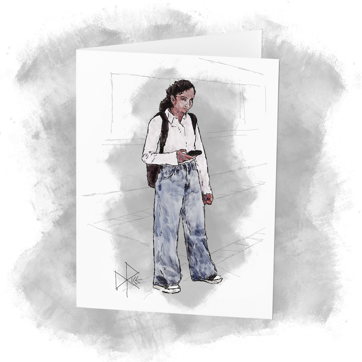 A student waiting for a bus, phone in hand and books in her backpack. Sketch art by Don Rice.