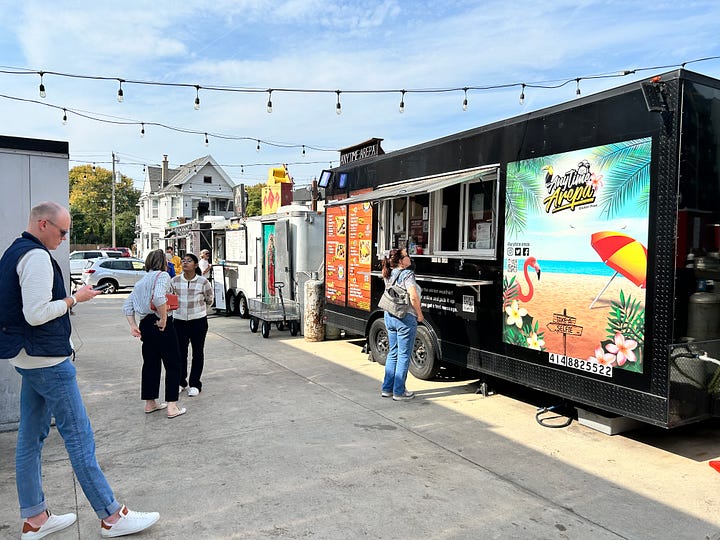 food truck, people, tacos, can, picnic table