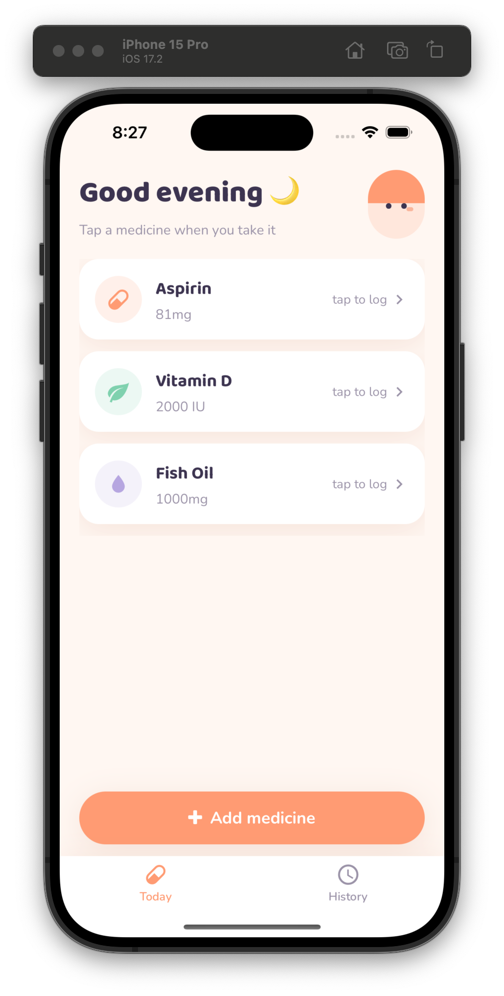 Screenshot of an iOS simulator showing a medicine tracker app Screenshot of an iOS simulator showing a medicine tracker app