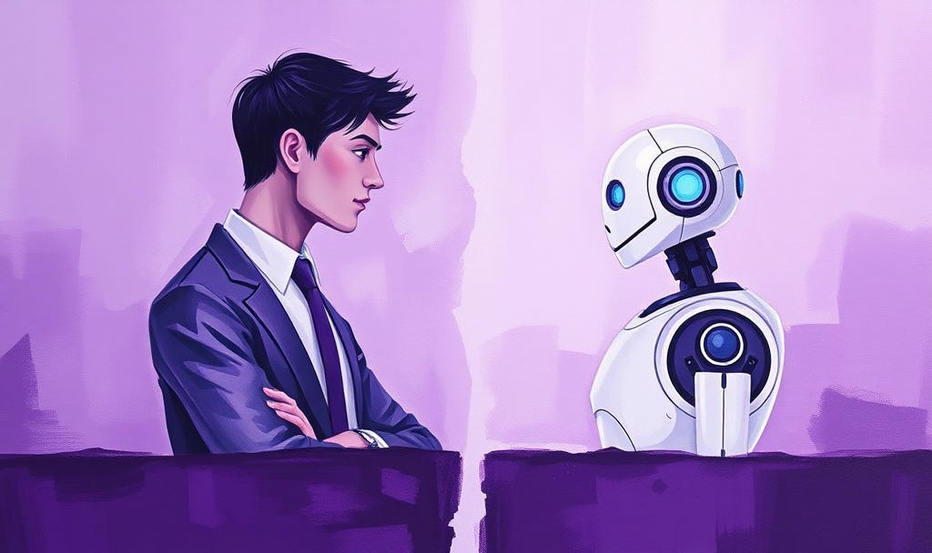 man in business suit standing across an AI robot figure
