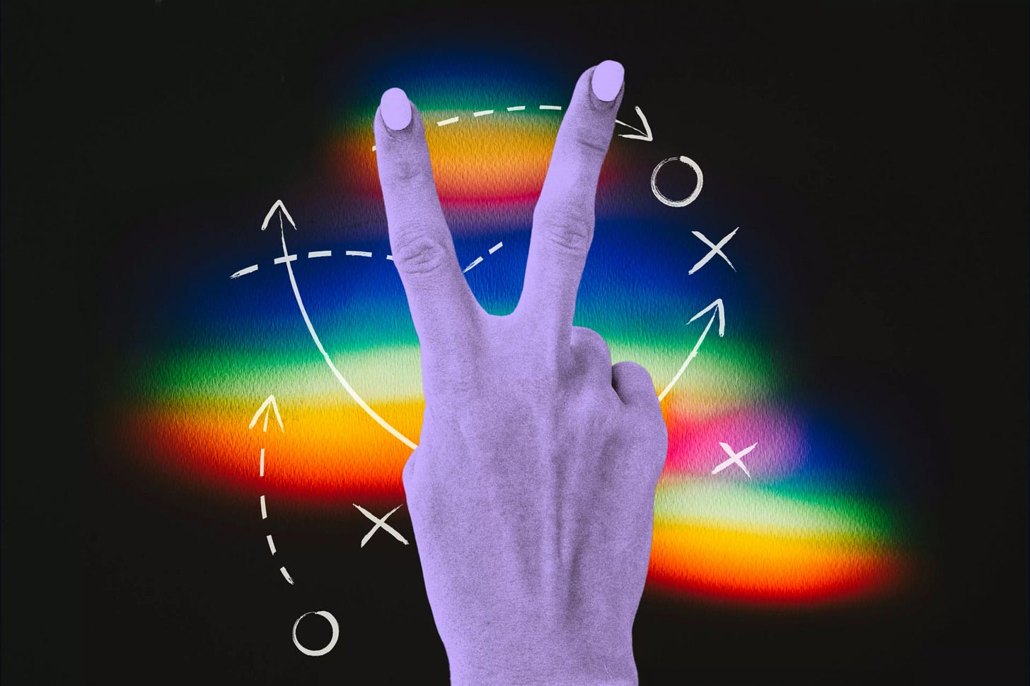 A purple hand displays a peace sign with a colorful rainbow background and white tactical play arrows and Xs and Os.