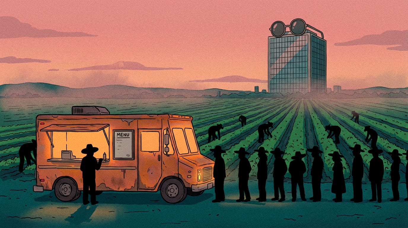 A taco truck glowing at dawn beside a field, workers in hats lining up at its window, and a distant office tower wearing oversized sunglasses. A taco truck glowing at dawn beside a field, workers in hats lining up at its window, and a distant office tower wearing oversized sunglasses.