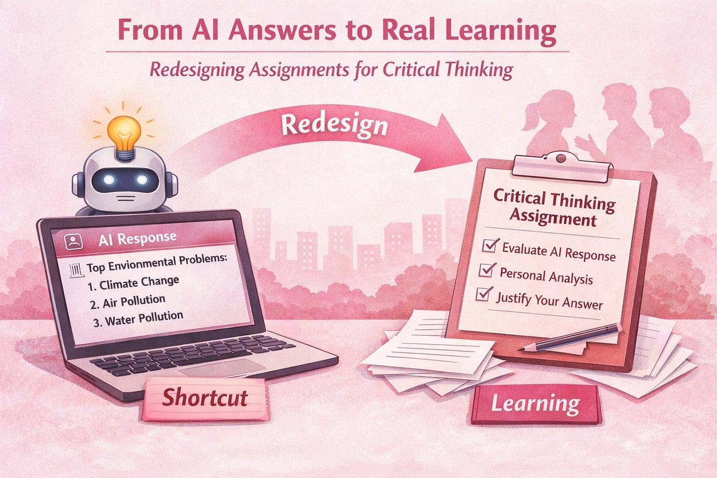 Illustration: from AI answers to real learning, redesigning assignments for critical thinking. Illustration: from AI answers to real learning, redesigning assignments for critical thinking.