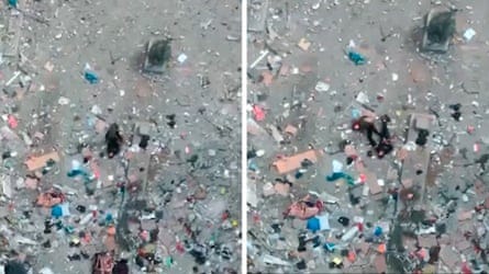 Two pictures from above. The first shows a figure lying the ground. The second has two figures on the ground next to each other