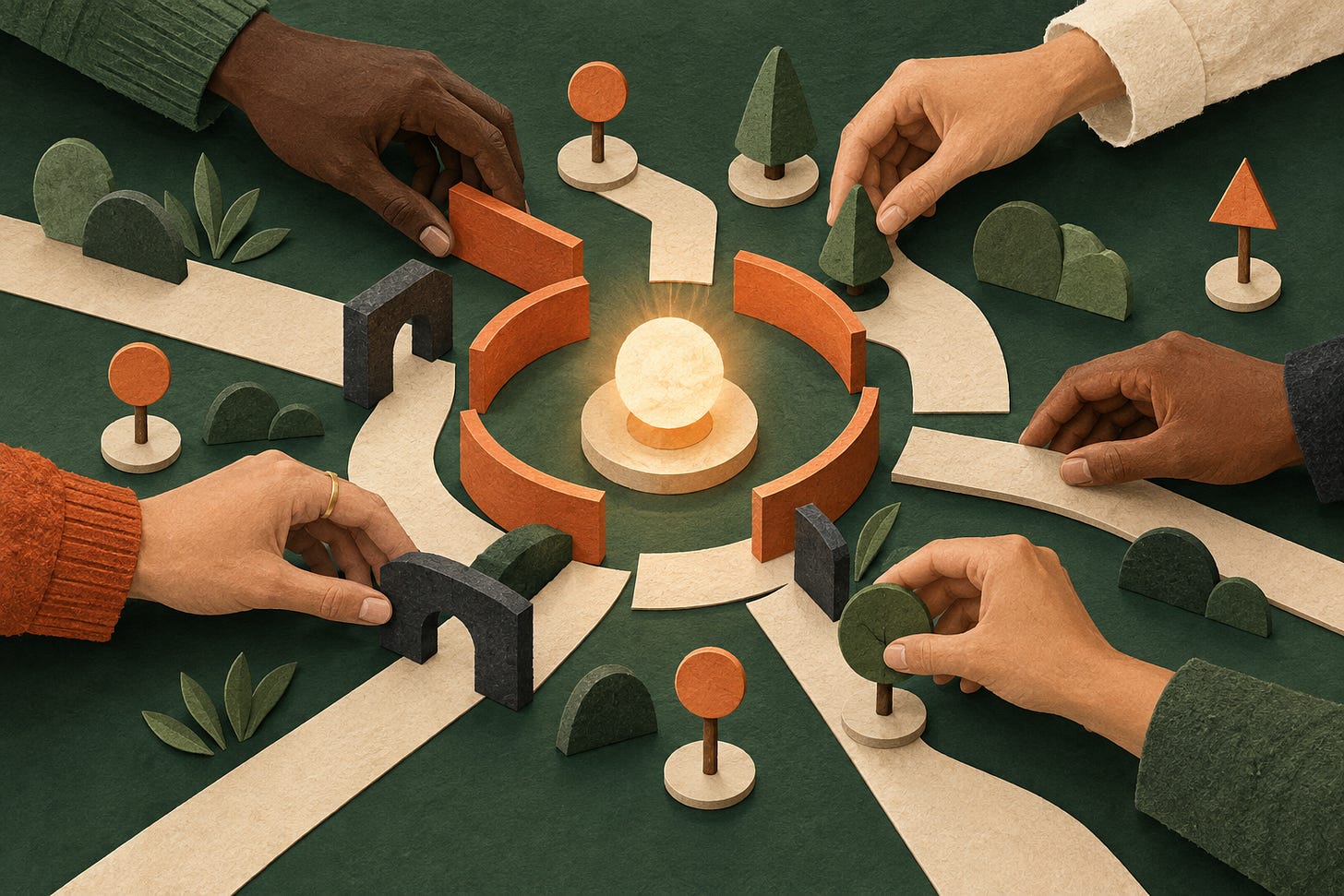 Five hands collaboratively arrange pathways and boundary pieces around a glowing abstract tool on a forest-green table.