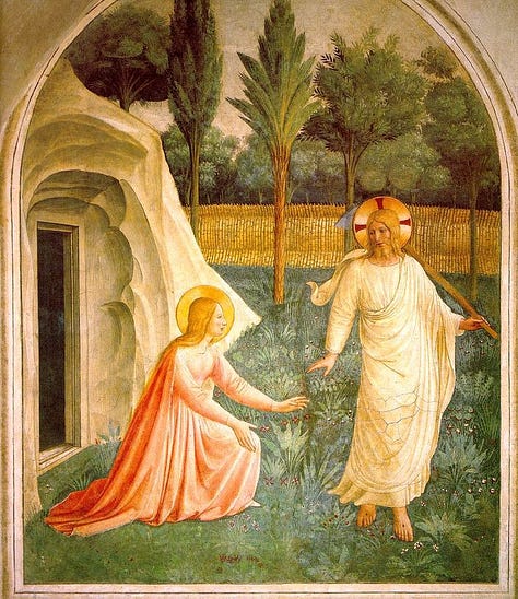 Noli me tangere fresco by Fra Angelico, Resurrection icon by Ivanka Demchuk, and Resurrection within the Isenheim Altarpiece by Matthias Grünewald.