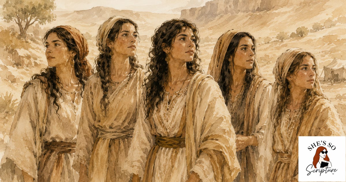 Five women stand at the entrance of an ancient tent in flowing robes, one stepping forward with her hand raised in appeal, set against a warm watercolor wilderness background in blush and cream tones.