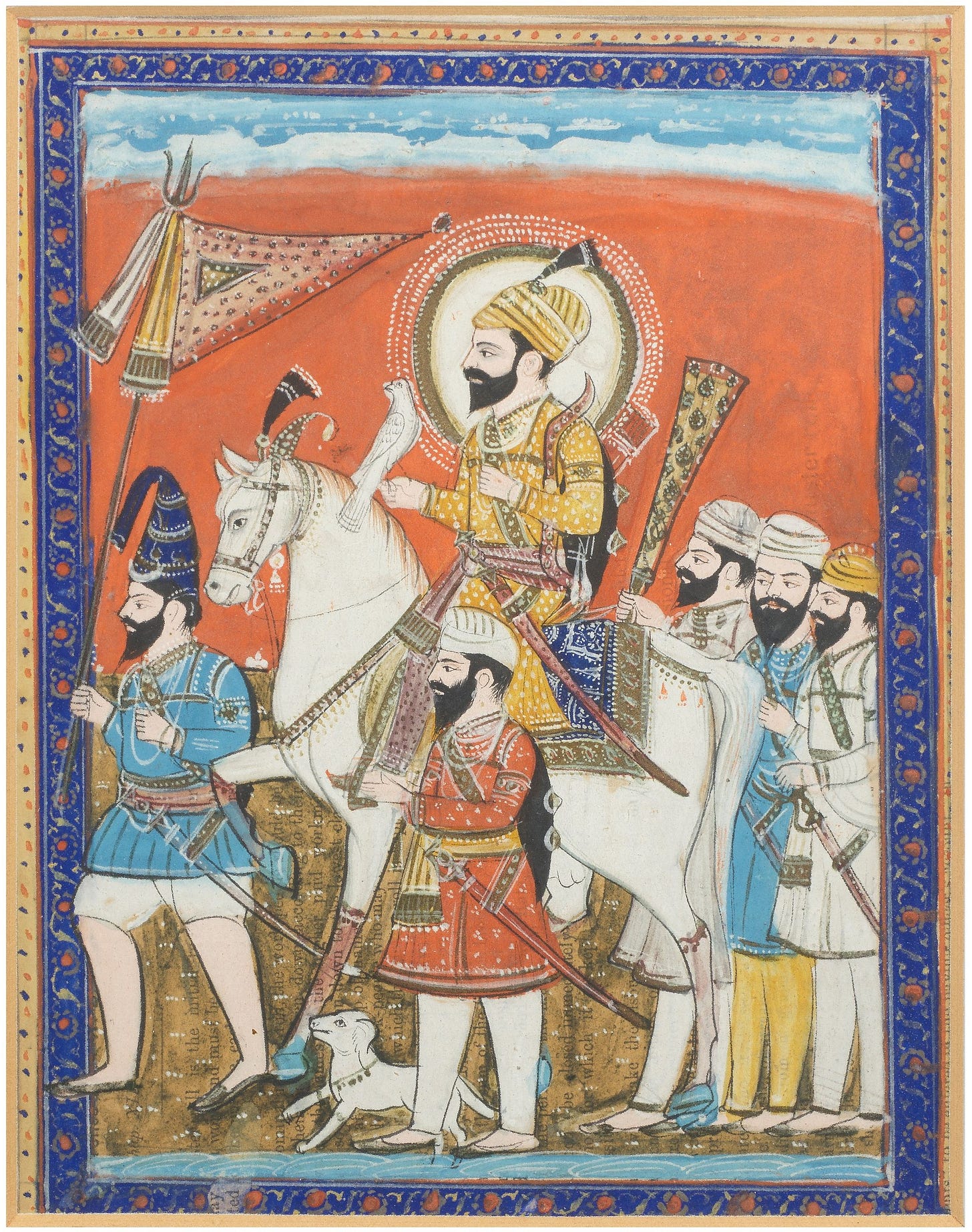 Painting of Guru Gobind Singh on horseback, the tenth Sikh Guru and subject of gurbilās martial literature written in Brajbhasha Painting of Guru Gobind Singh on horseback, the tenth Sikh Guru and subject of gurbilās martial literature written in Brajbhasha